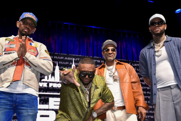 Fabolous, Maino, Jim Jones and Dave East, strike a pose at the podcast taping of the Let’s Rap About It live show at Terminal 5 in New York City on June 11, 2026. (Photo Credit: Antoine DeBrill)