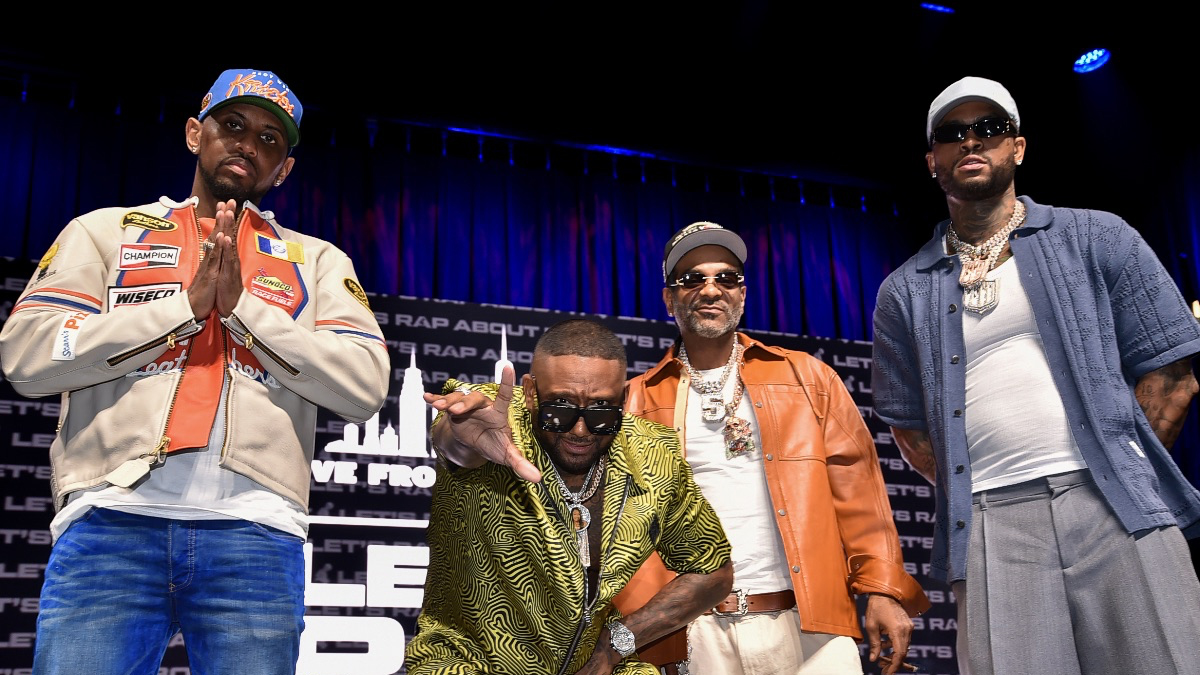 Fabolous, Maino, Jim Jones and Dave East, strike a pose at the podcast taping of the Let’s Rap About It live show at Terminal 5 in New York City on June 11, 2026. (Photo Credit: Antoine DeBrill)