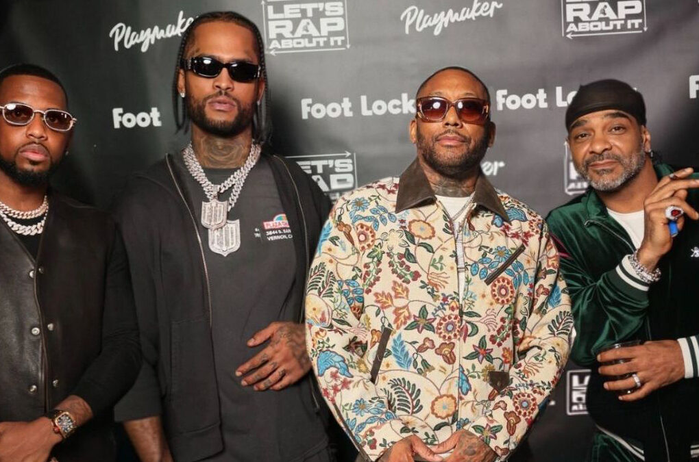 (L-R) Fabolous, Dave East, Maino, and Jim Jones strike a pose at the one-year anniversary celebration of their breakout podcast, Let’s Rap About It, at Partake in Long Island City, New York on October 10, 2026. (Photo Credit: @jussnappedagain)