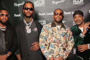 (L-R) Fabolous, Dave East, Maino, and Jim Jones strike a pose at the one-year anniversary celebration of their breakout podcast, Let’s Rap About It, at Partake in Long Island City, New York on October 10, 2026. (Photo Credit: @jussnappedagain)