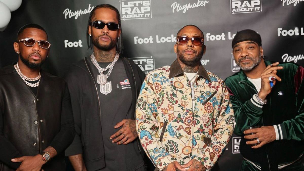 (L-R) Fabolous, Dave East, Maino, and Jim Jones strike a pose at the one-year anniversary celebration of their breakout podcast, Let’s Rap About It, at Partake in Long Island City, New York on October 10, 2026. (Photo Credit: @jussnappedagain)