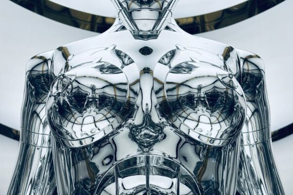 futuristic silver robot sculpture in shanghai