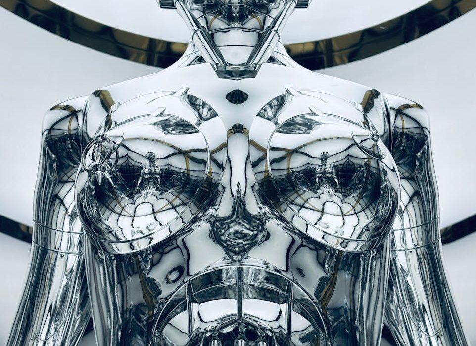futuristic silver robot sculpture in shanghai