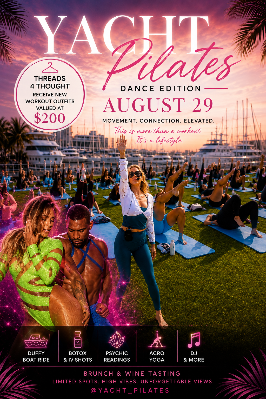 Yacht Pilates Dance Takeover & Wine Tasting Flyer